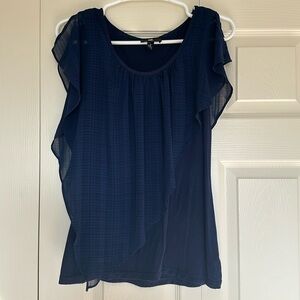 Navy Blouse with Asymmetrical Sheer Drape